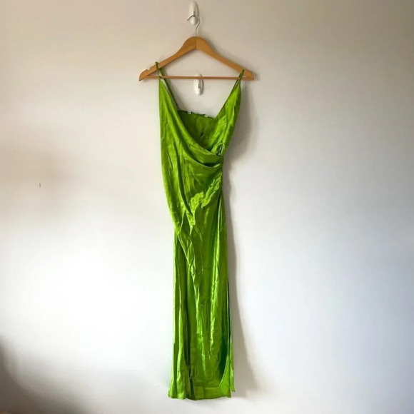Zara Silky Satin Effect Surplus Midi Dress  Bright Green Blogger Fav Sz Small - Picture 7 of 12
